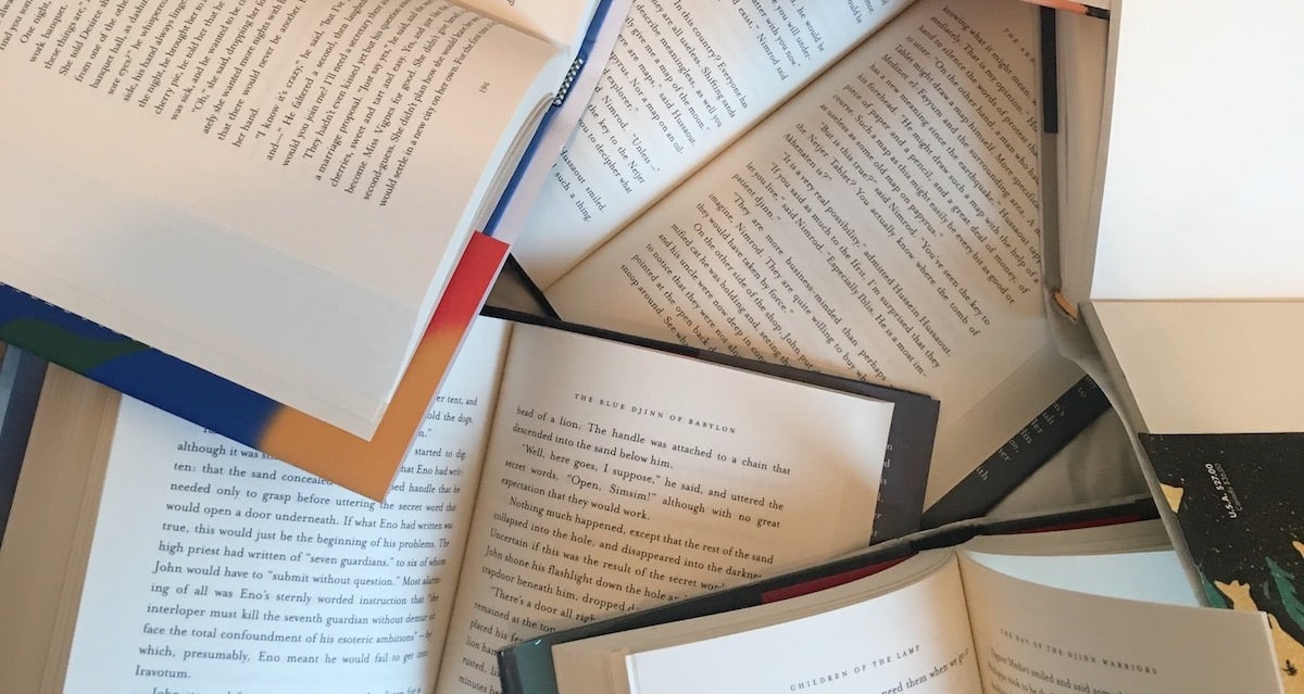 A pile of open books